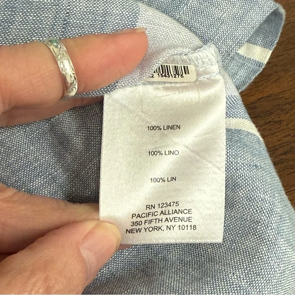 Ellen Tracy Linen Striped Tunic Top L Blue White Zip Front 3/4 Sleeve Summer - Picture 8 of 10